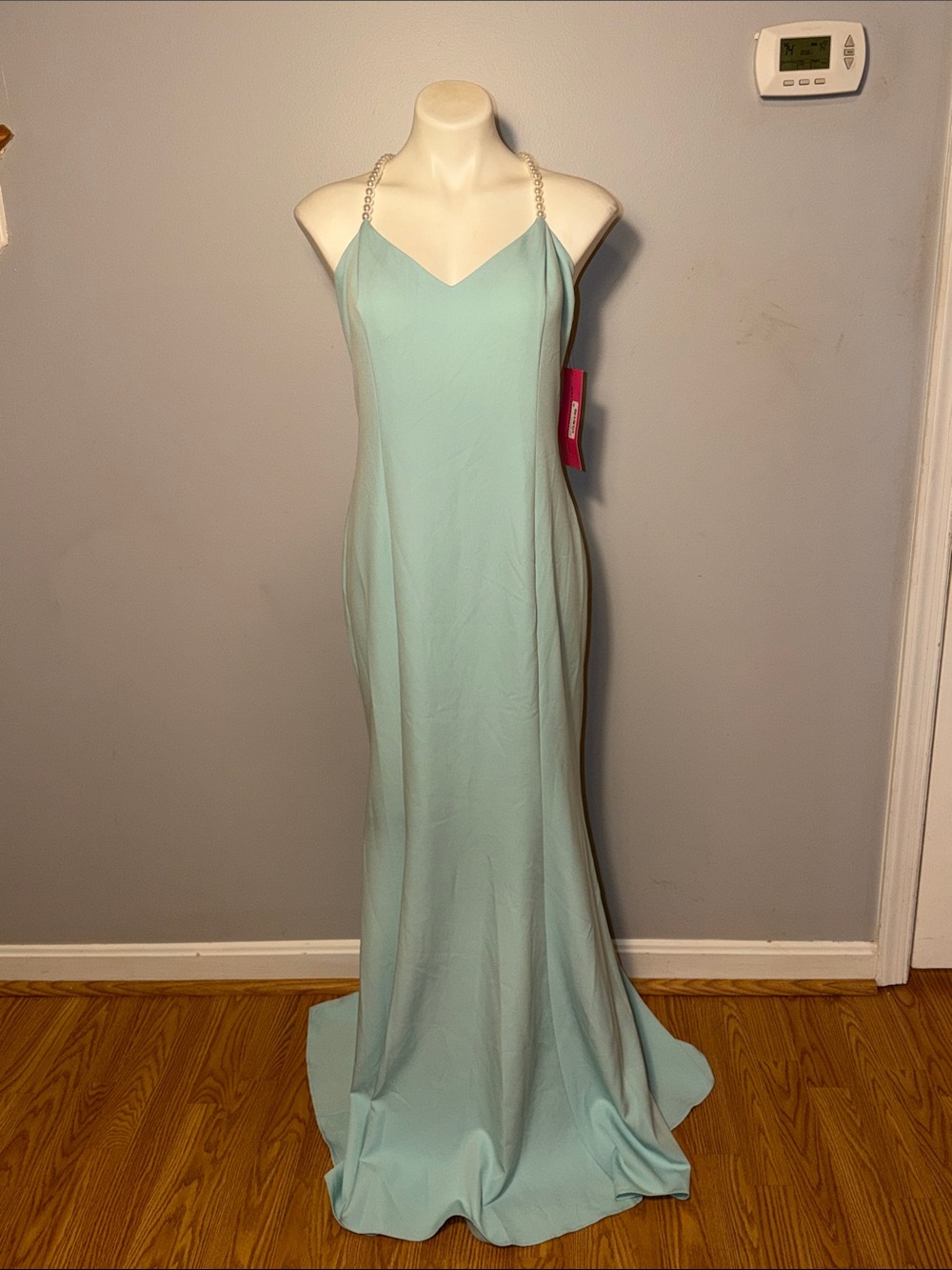 Betsey Johnson Ladies NWT Aqua Blue Maxi Dress with Faux Pearl straps. Size 12.